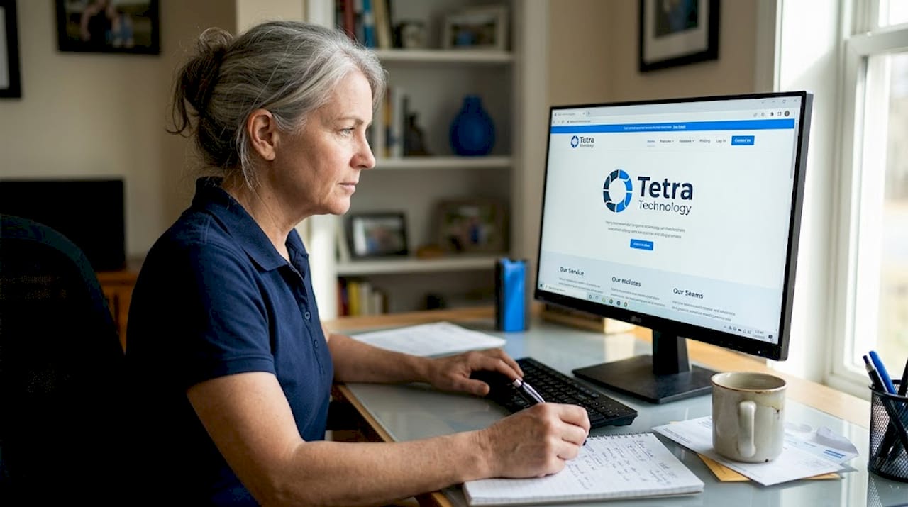 Business owner checking website at home desk